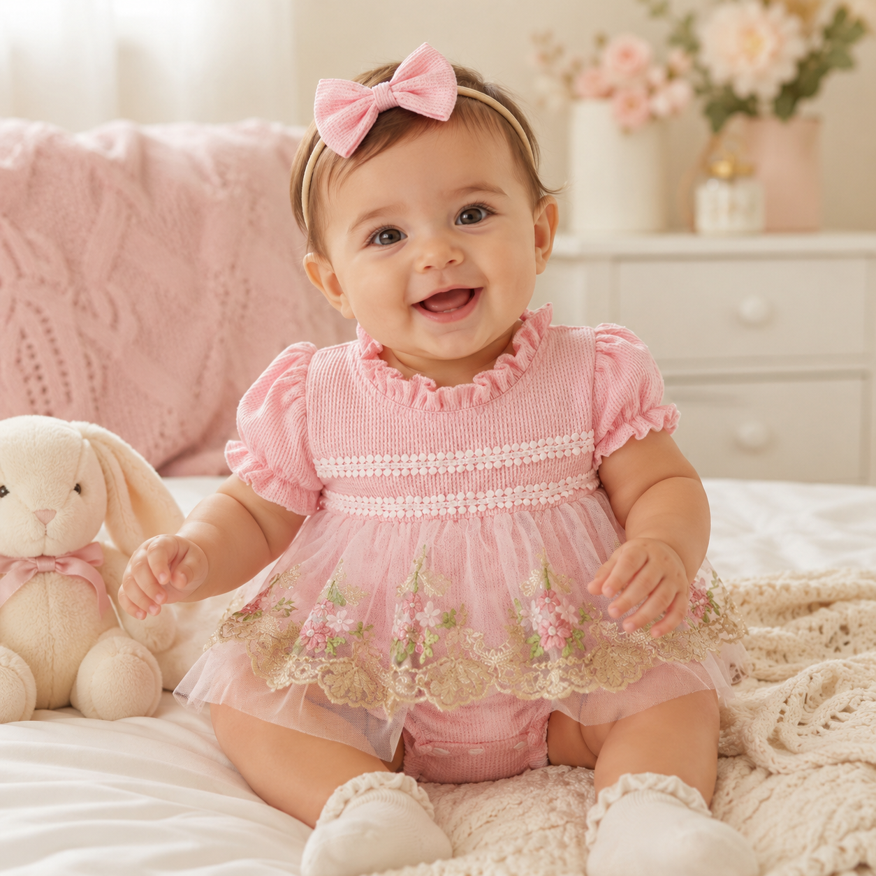 Baby Girl Romper Dress & Bow Headband Set - Floral Tulle Embroidery