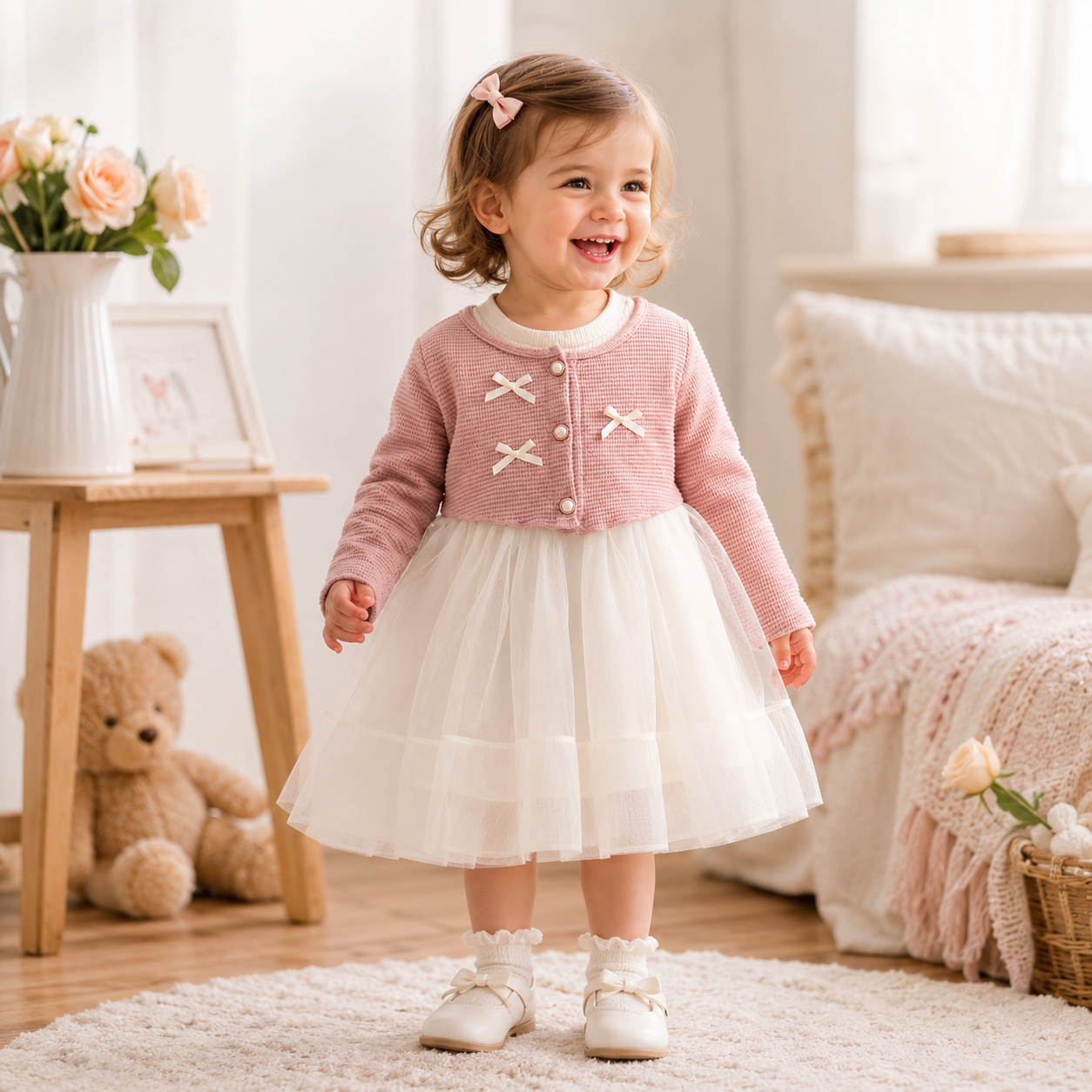 Girl Party Dress - Bow Gentle Long Sleeve