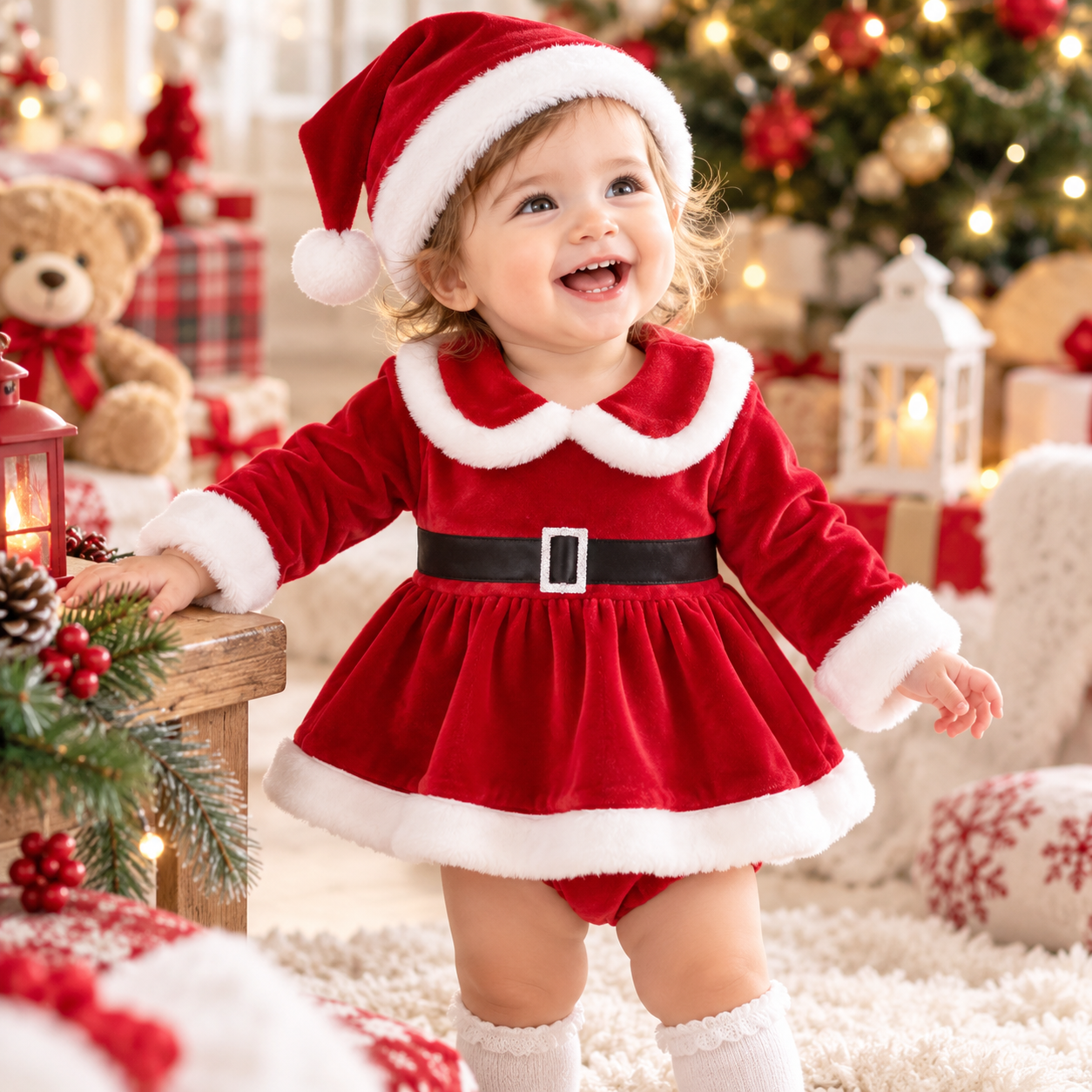Baby Girl Christmas Romper & Santa Hat Set