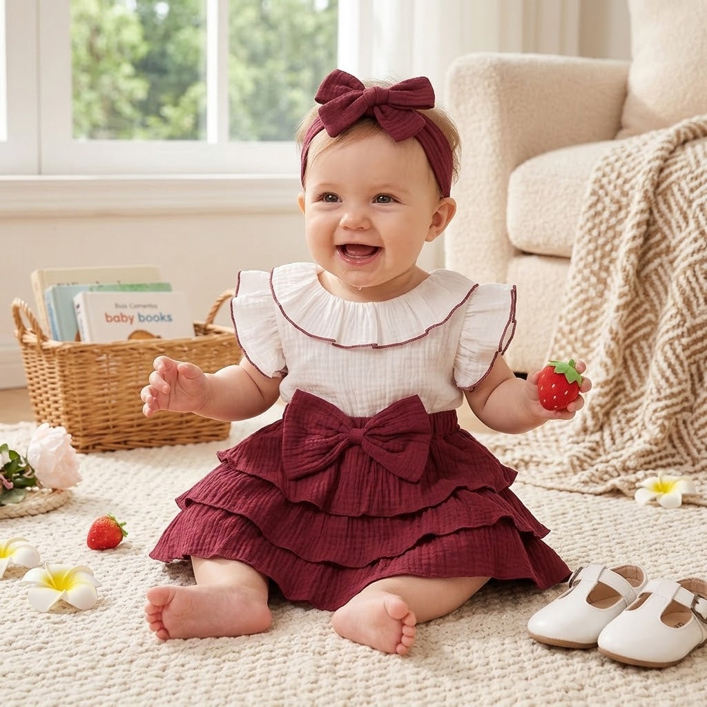 Baby Girl Wine Red Tiered Ruffle Dress & Headband Set
