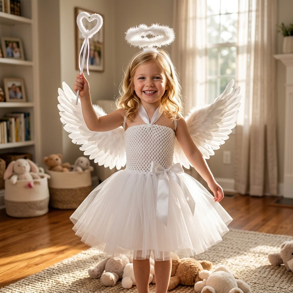 Girls White Angel Tutu Costume Dress