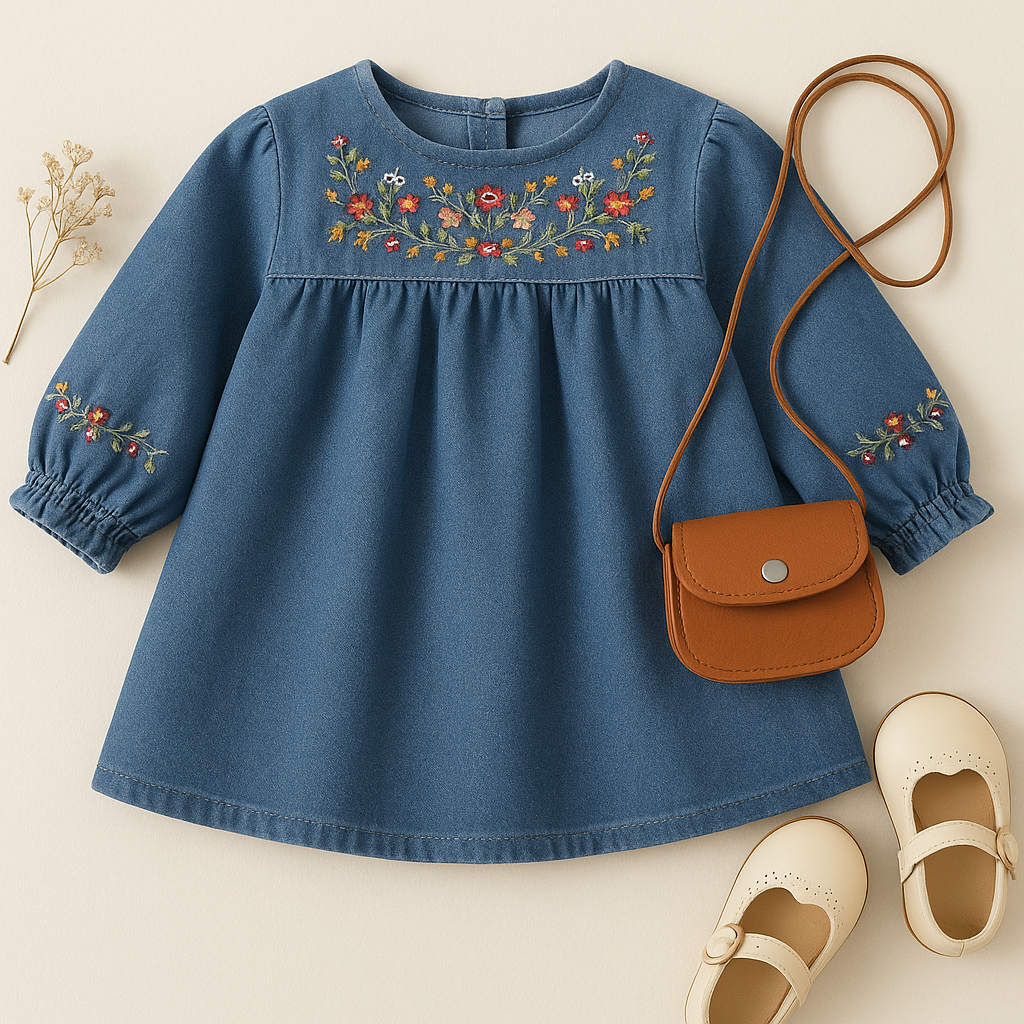 Girls Embroidered Long Sleeve Denim Dress