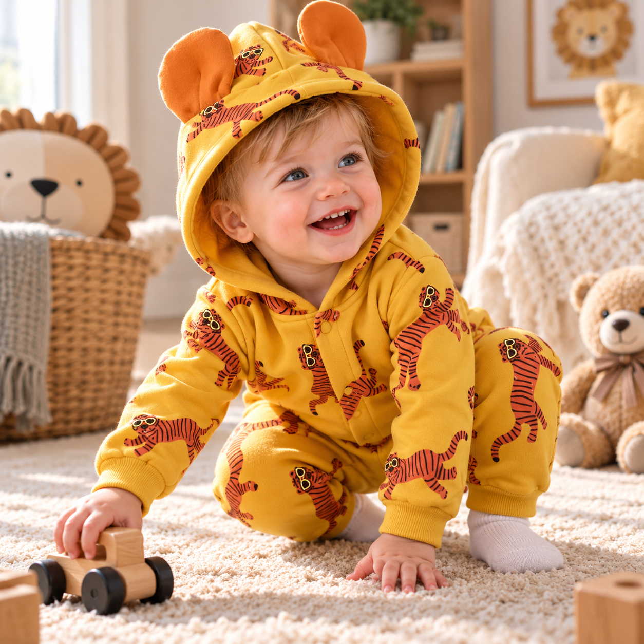 Baby Boys Animal Print Hooded Romper