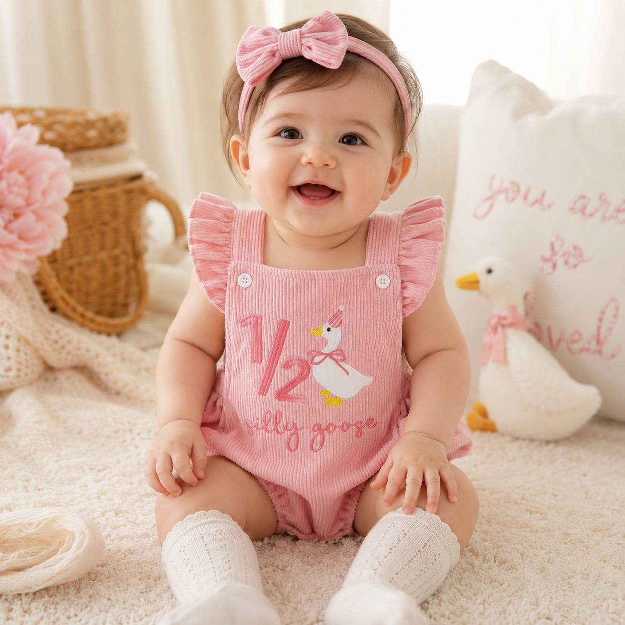 Baby Girl Birthday Outfit - Embroidered Fly Sleeves & Headband