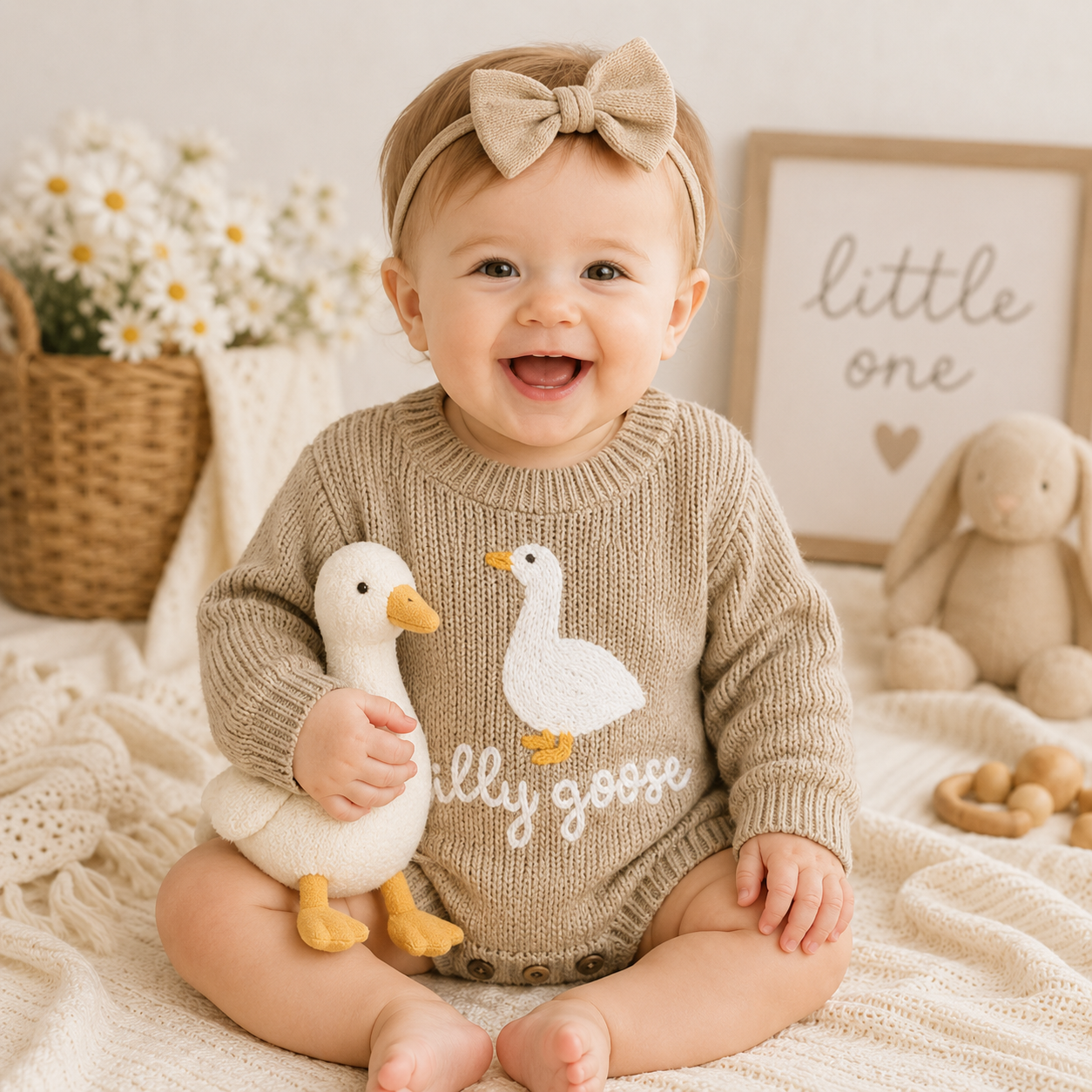 Infant Baby Knitted Long Sleeve Goose Embroidery Romper Jumpsuit