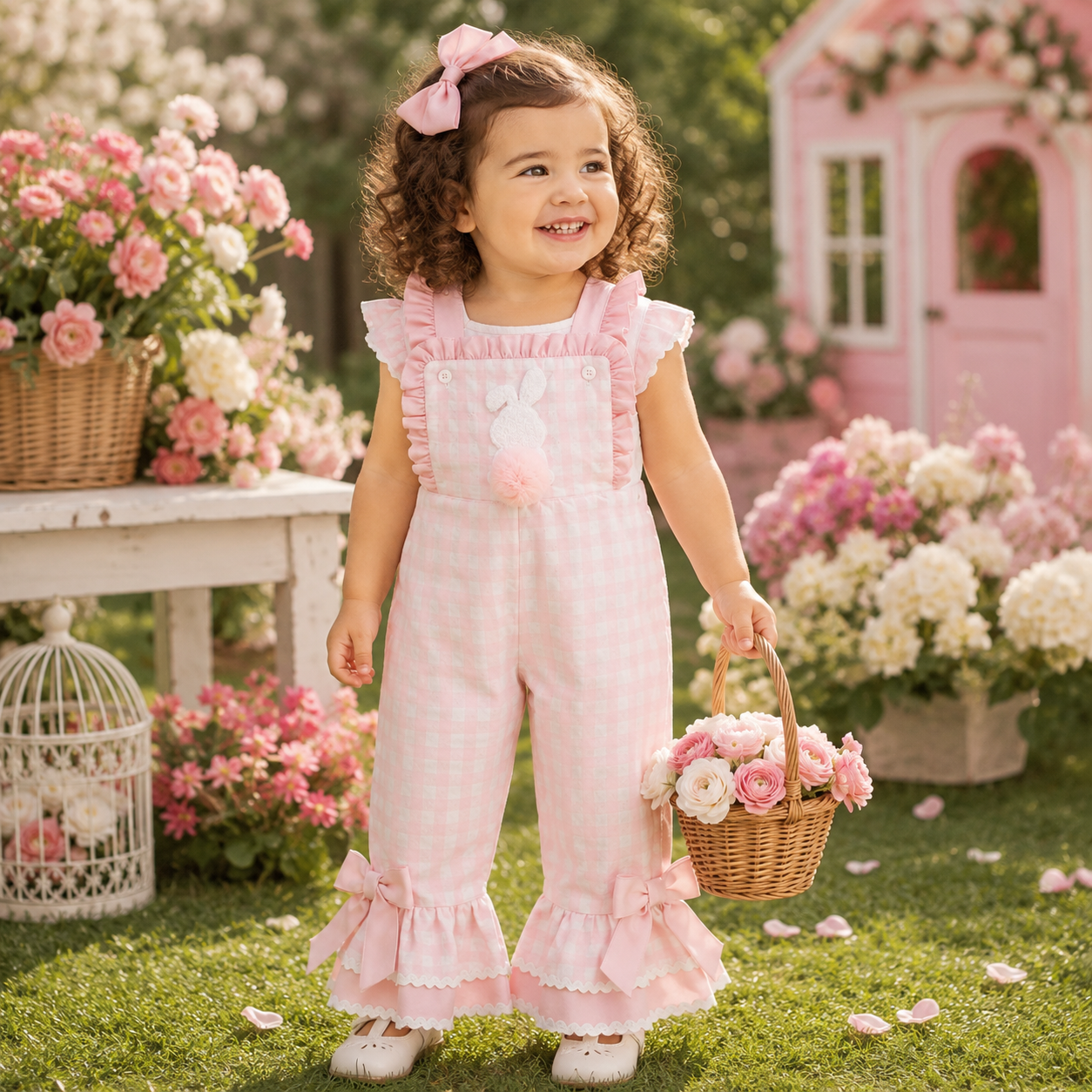 Toddler Girl Bunny Ruffle Bell-Bottom Plaid Romper Jumpsuit