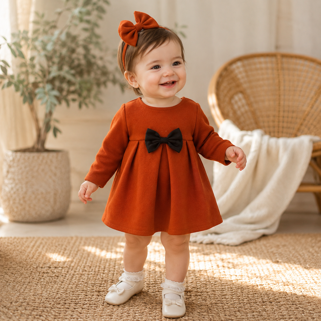 Baby Girl Bow-Trim Woolen Coat Warm Outerwear Fall Winter