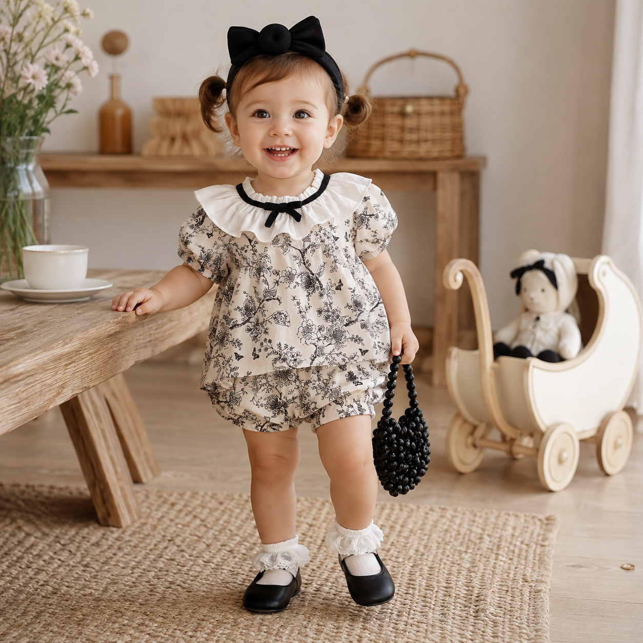Baby Girls Floral Lace Collar Top and Bloomer Set