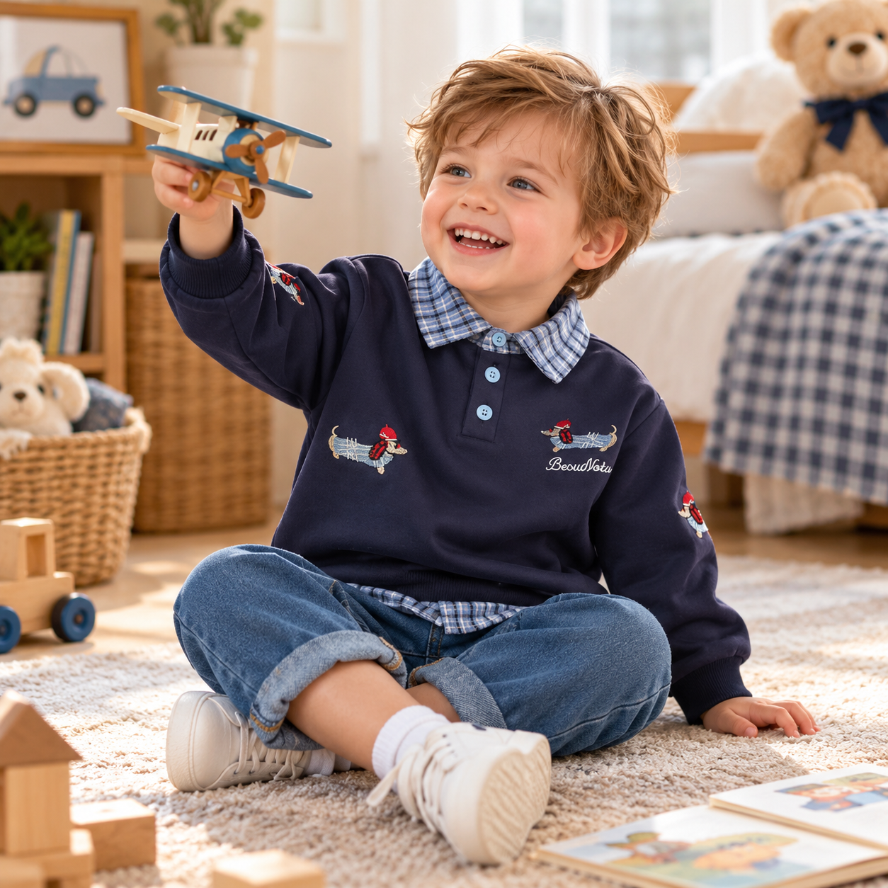 Boys Embroidered Plaid Collar Top & Pants Set