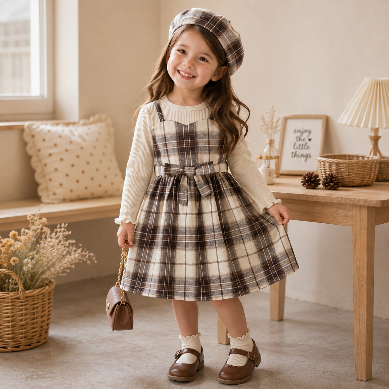 Girls' Plaid Dress Outfit with Belt & Hat - Autumn Casual Style