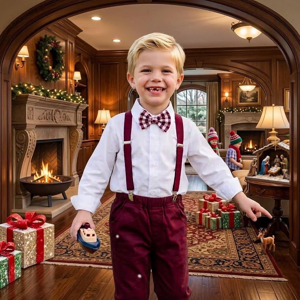 Boys Christmas 4-Piece Shirt, Bow Tie, Suspenders & Pants Set
