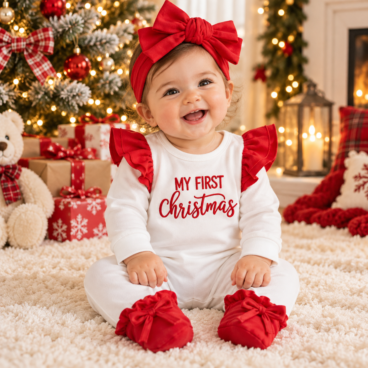 Baby Girl First Christmas Ruffle Romper & Headband Set
