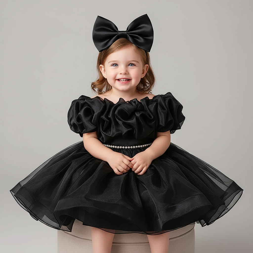 Girl's Black Couture Party Dress with Rosettes