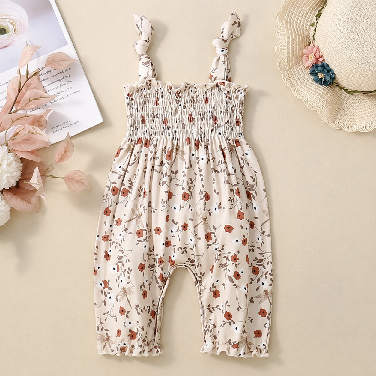 Baby Girls Floral Halter Romper with Tie-Up Straps
