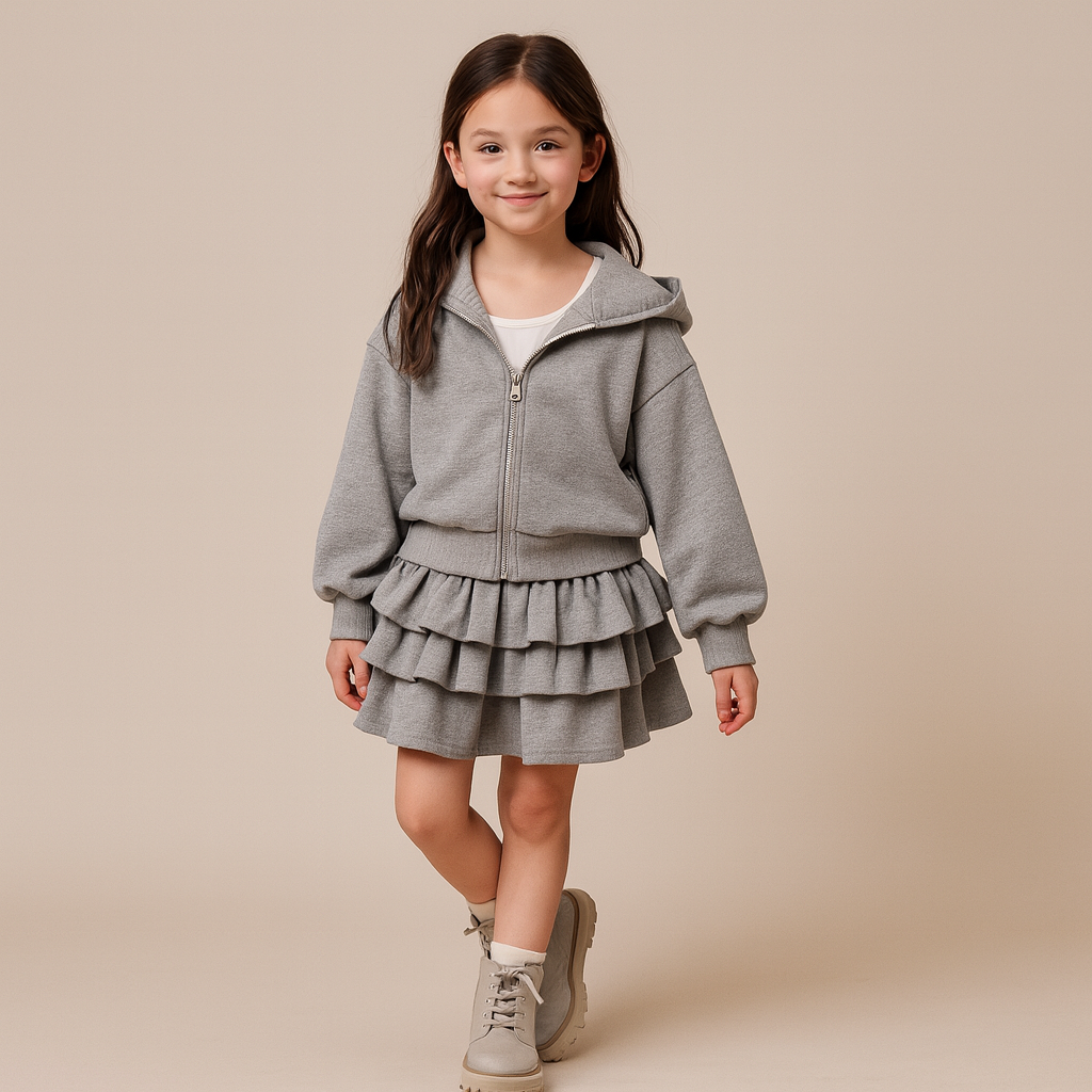 Girls Spring Hoodie and Layered Cake Skirt Set