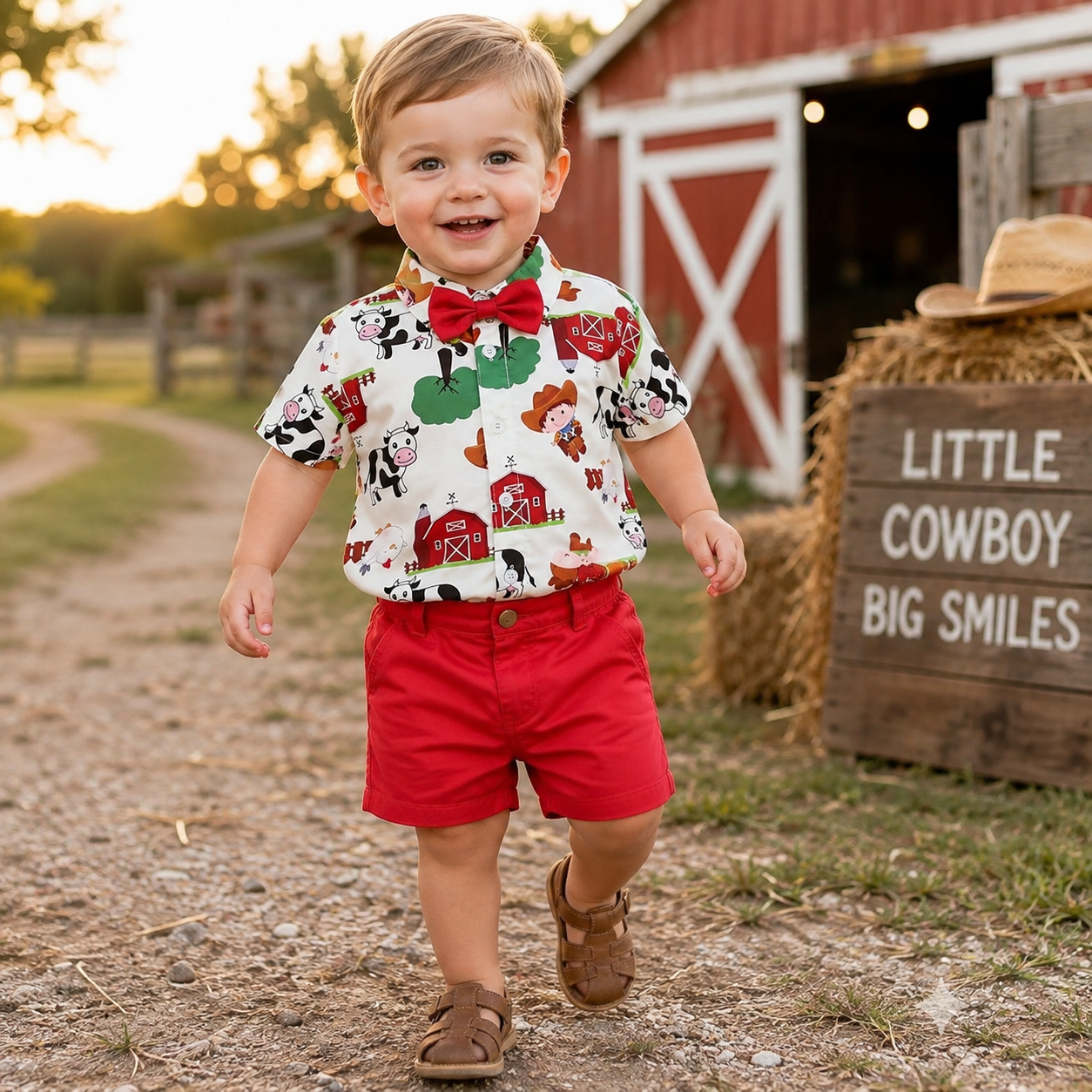 Boys Farm Circus Print 2-Piece Outfit Set with Bow Tie