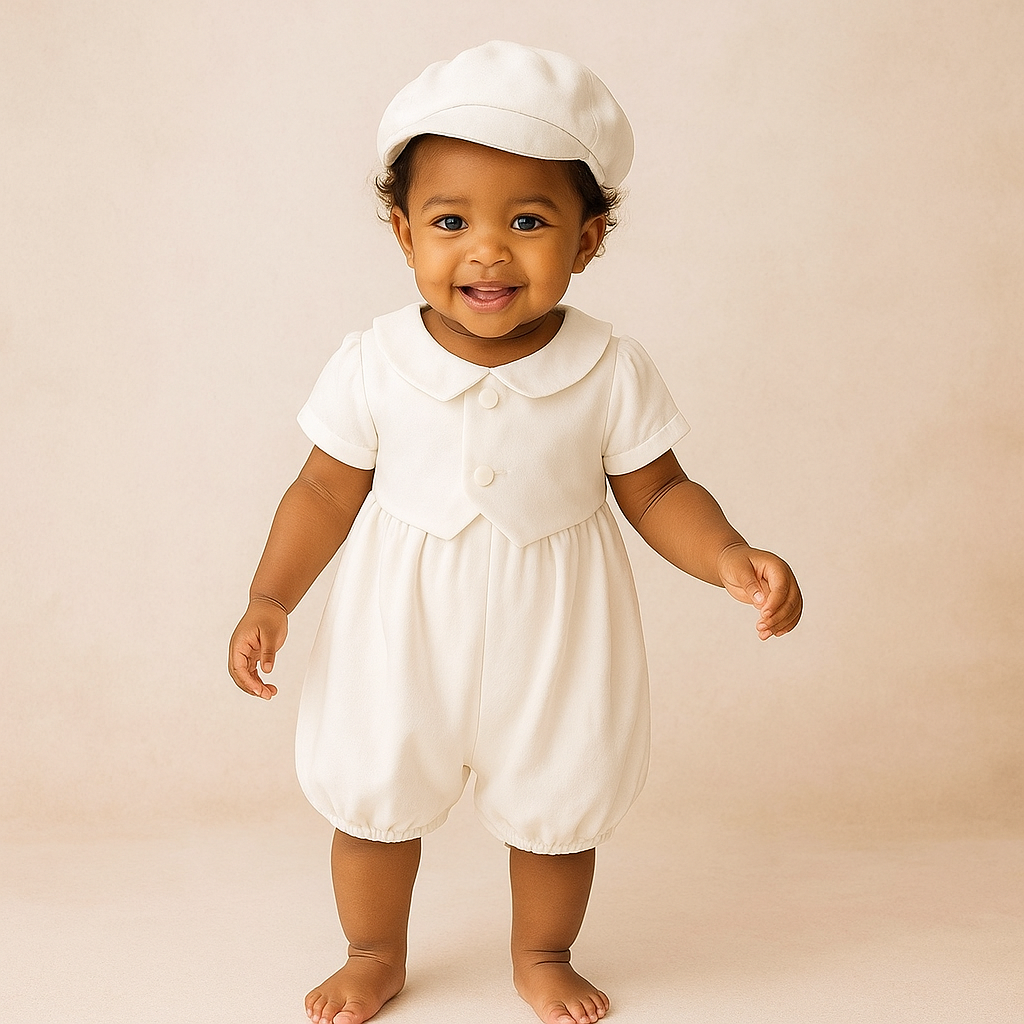 Ivory Baby Baptism Jumpsuit with Hat