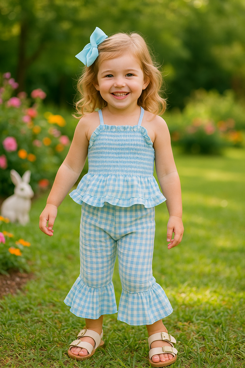 Gingham Ruffle Top and Elastic Waist Pants Set