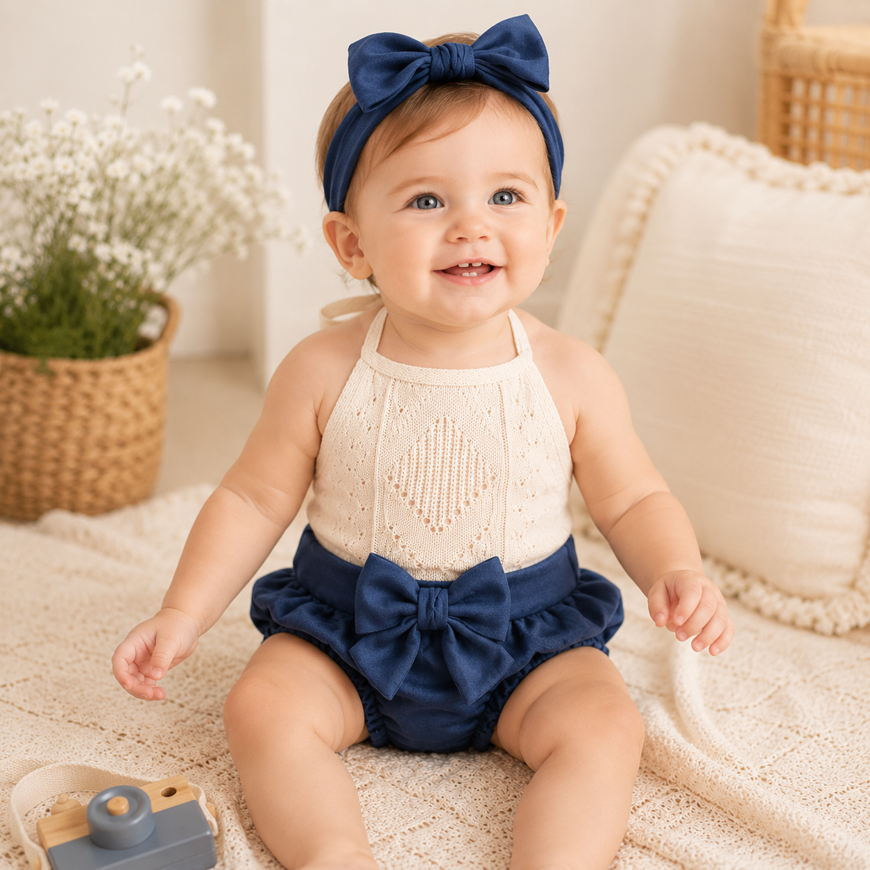Baby Girl Tie-Up Halter Knit Romper, Belted Shorts & Headband 3-Piece Set