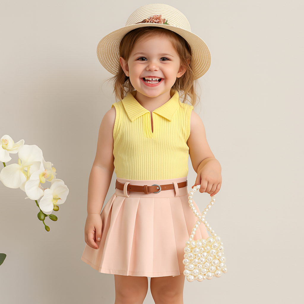 Ribbed Lapel Vest Top and Pleated Skirt Set