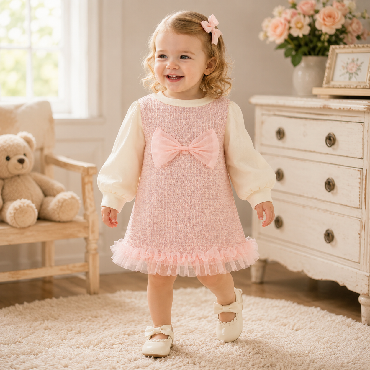 Sweet Bow Baby Girl Dress - Korean Style Long Sleeve Clothes