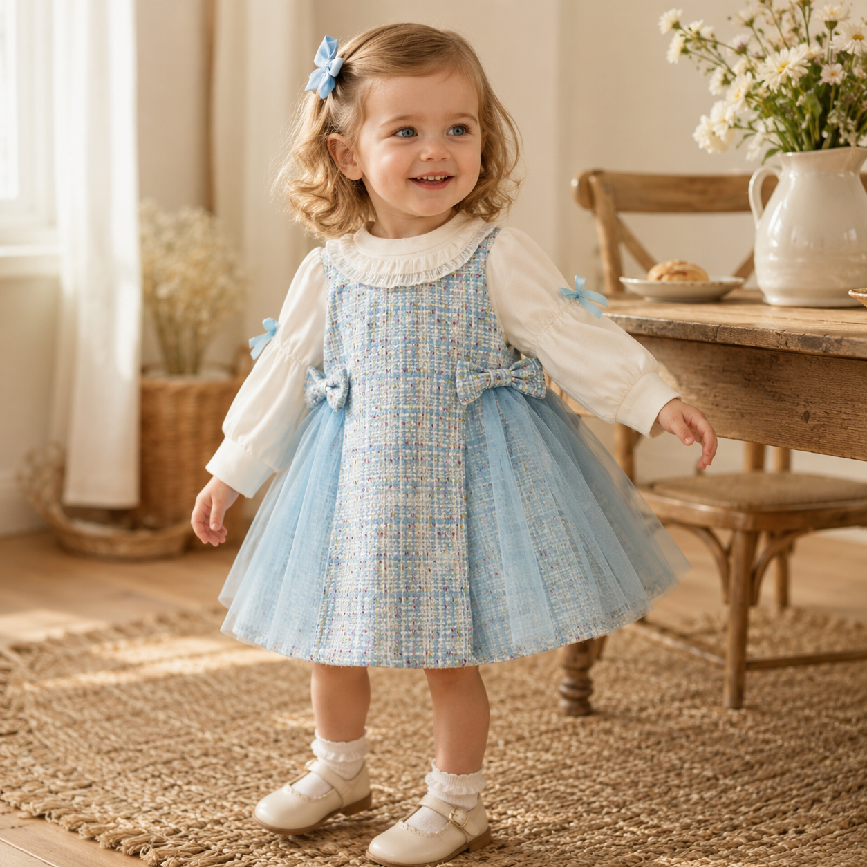 Checkered Bow Baby Girl Princess Dress Long Sleeve