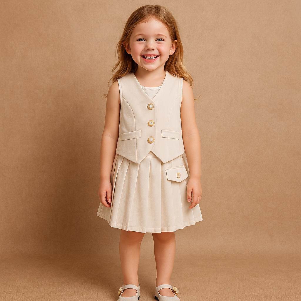 Sleeveless Button Vest and Pleated Skirt Outfit