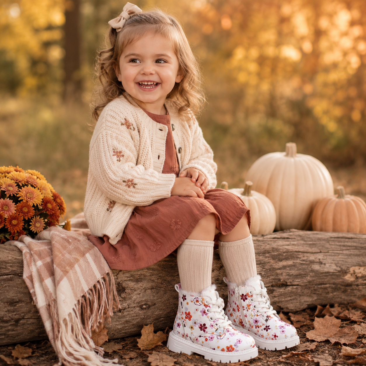 Girls Floral Leather Warm Plush Snow Boots