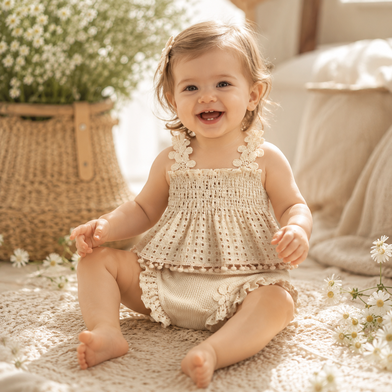 Baby Girl Eyelet Smocked Pom-Pom Tank Top & Ruffle Shorts 2-Piece Set