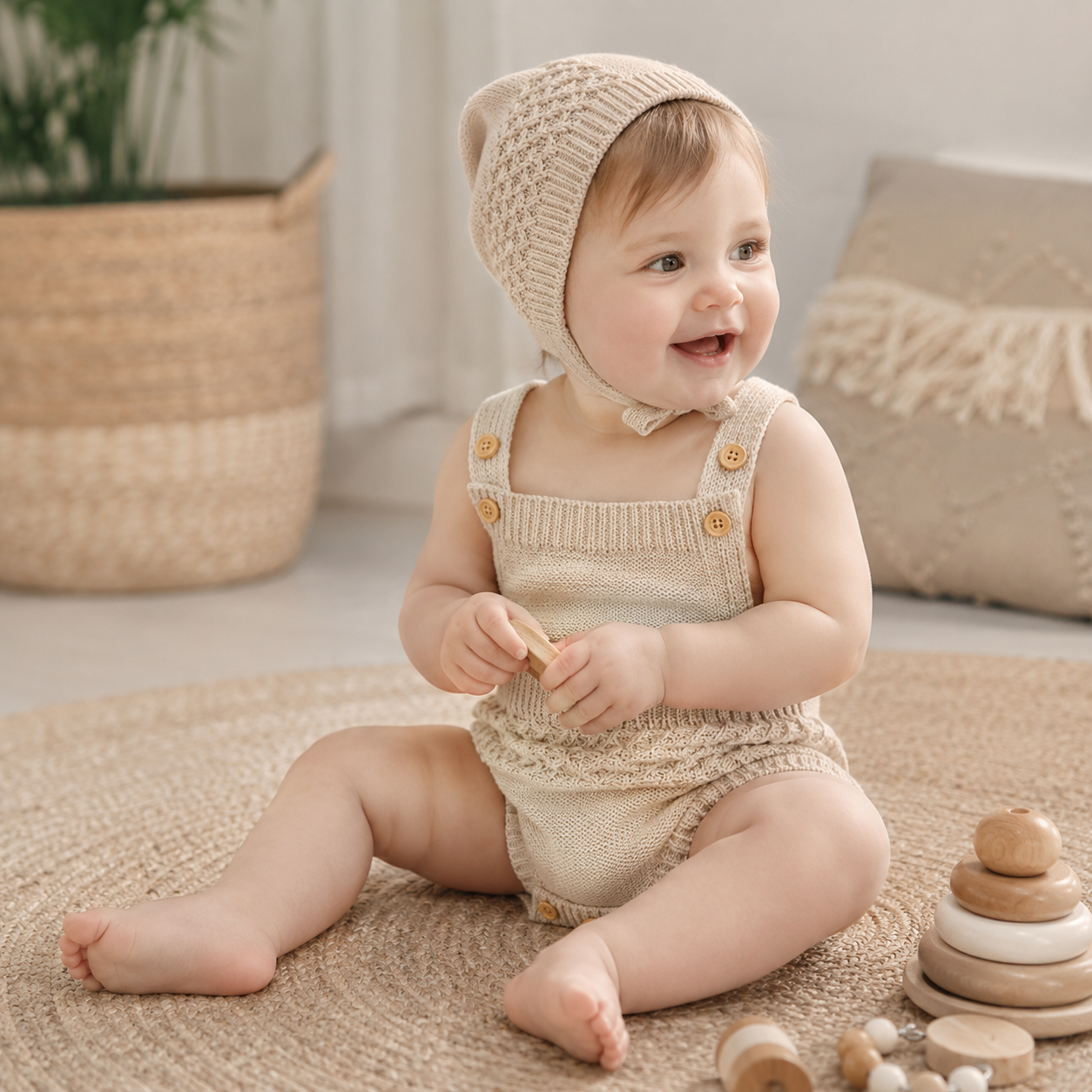 Baby Unisex Solid Knit Sleeveless Bodysuit & Hat 2-Piece Set