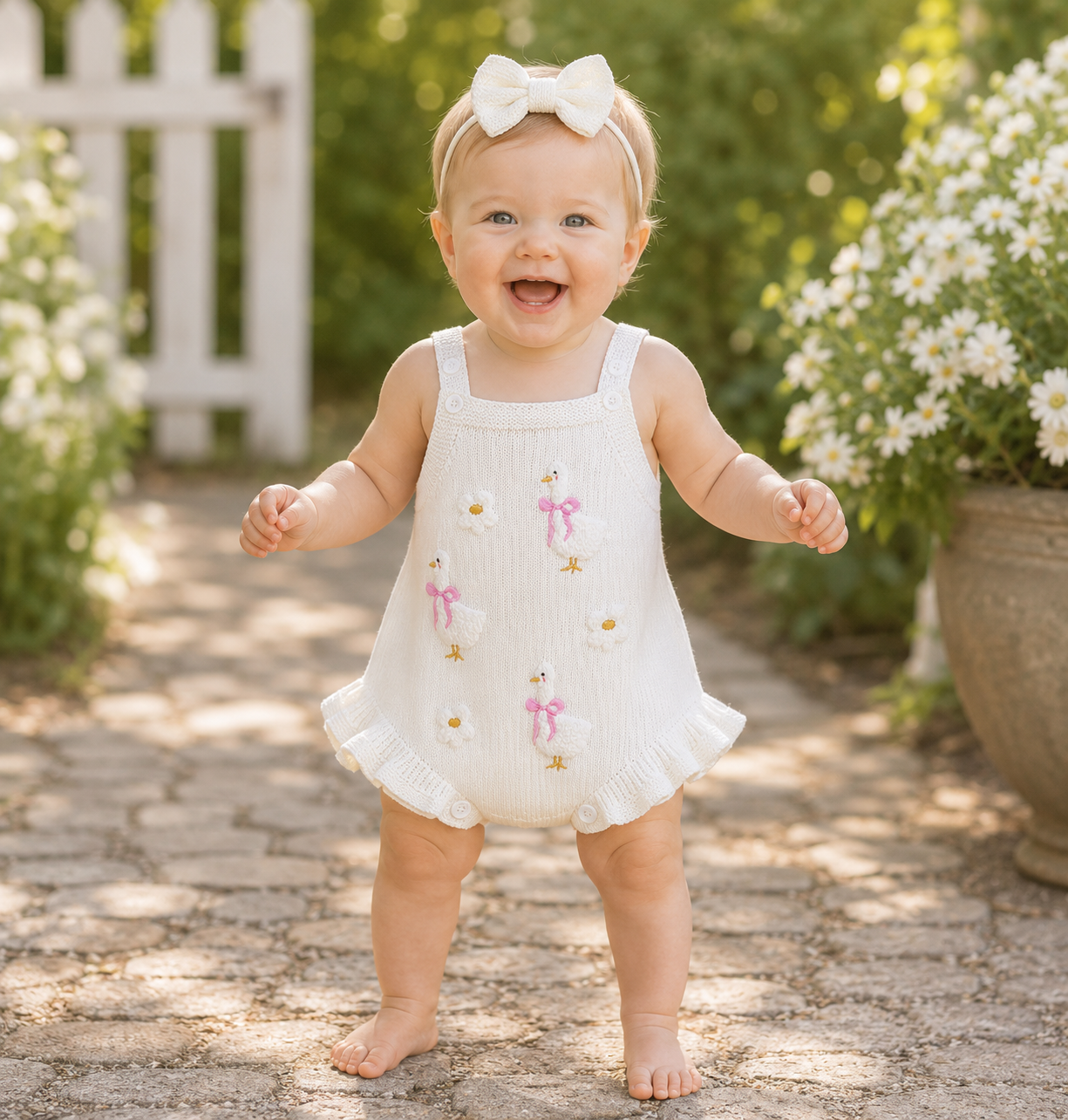 Baby Girl Sleeveless Duck & Flower Knit Overall Bodysuit