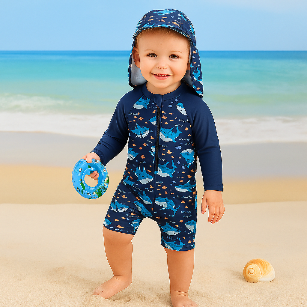 Baby Boy Rash Guard Swimsuit with Swim Cap