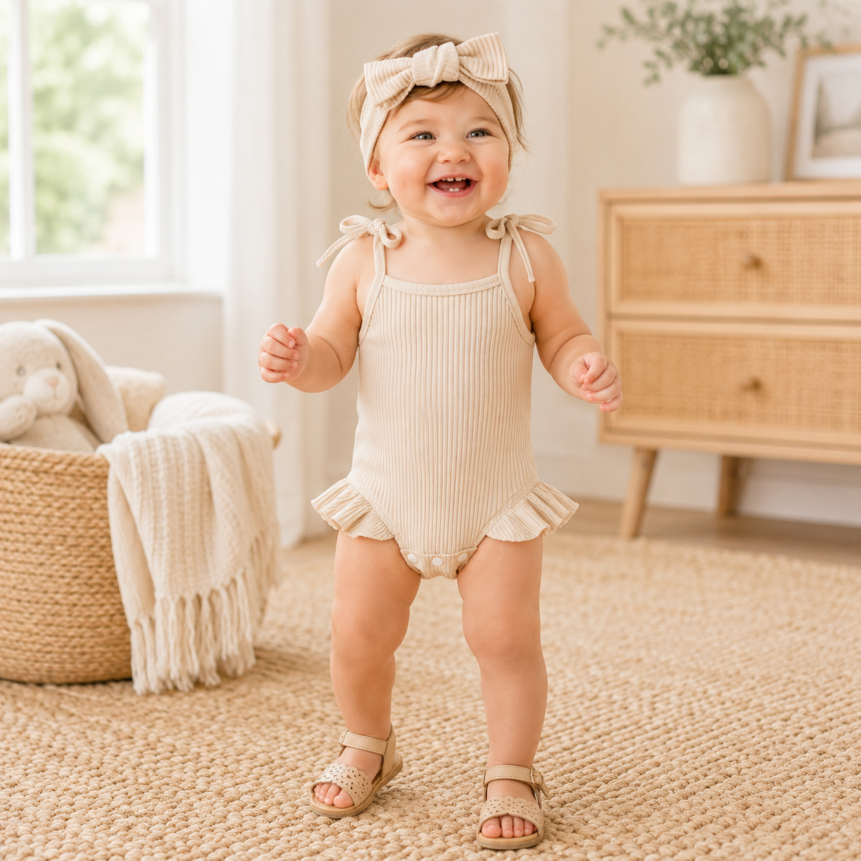 Baby Girl Ribbed Knit Tie-Up Strap Ruffle Romper & Headband Set