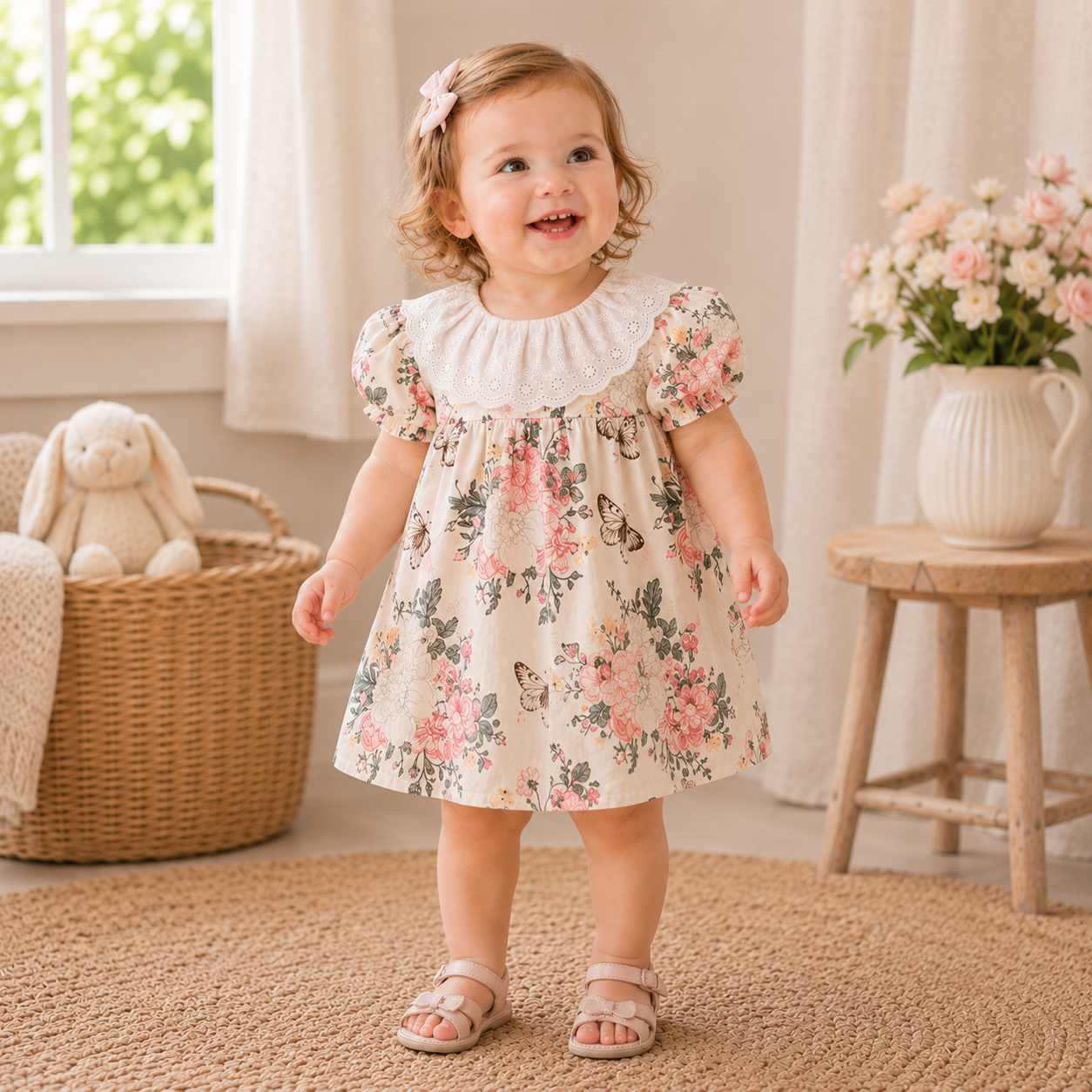 Baby Girl Floral Cotton Puff Sleeve Top & Bloomers 2-Piece Set