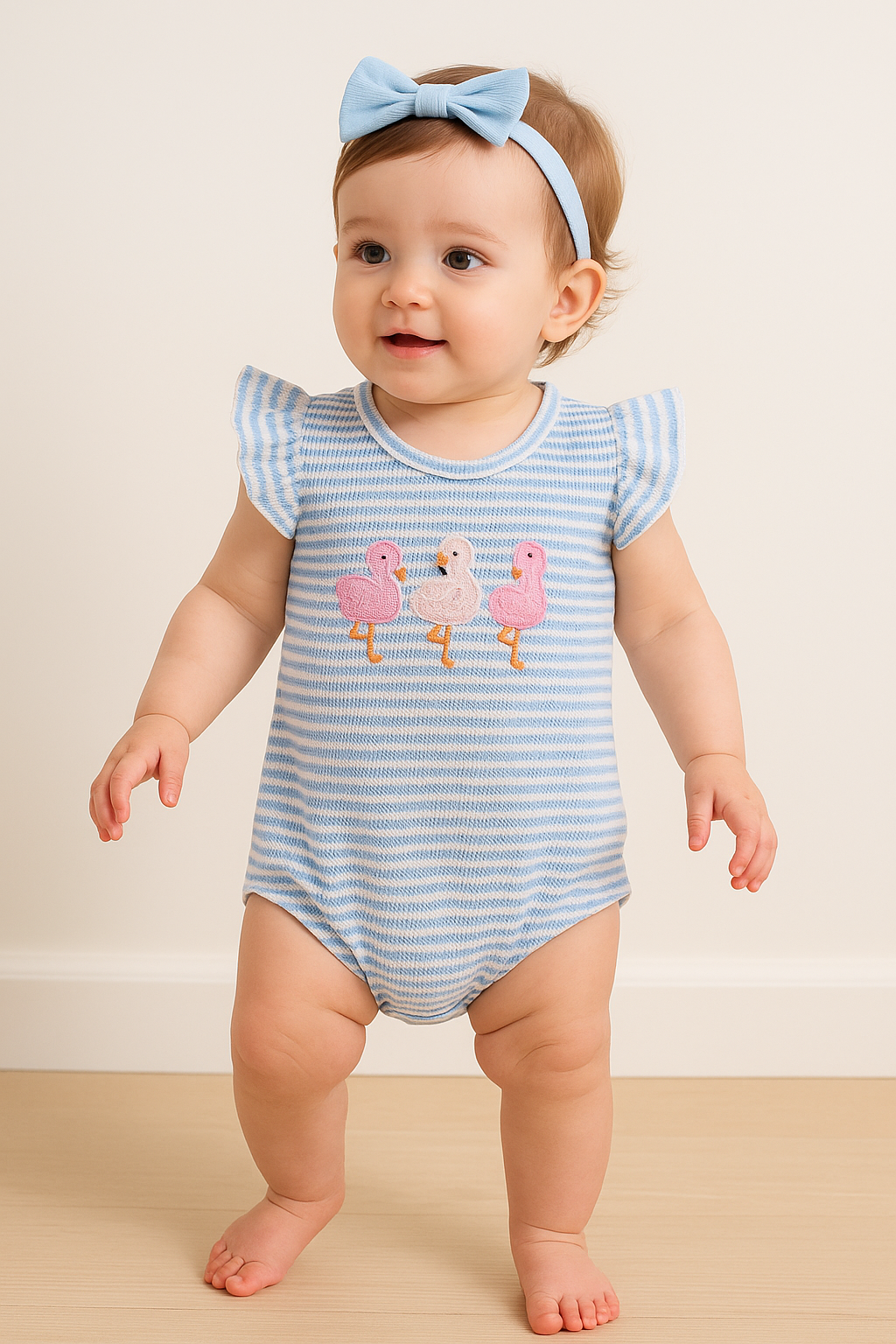 Flamingo Embroidered Waffle Knit Bodysuit with Flutter Sleeves