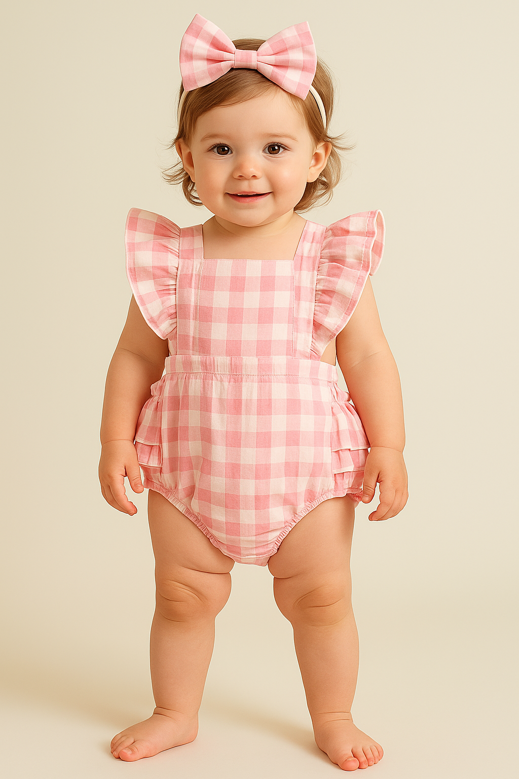 Baby Girl Ruffle Plaid Romper with Matching Headband