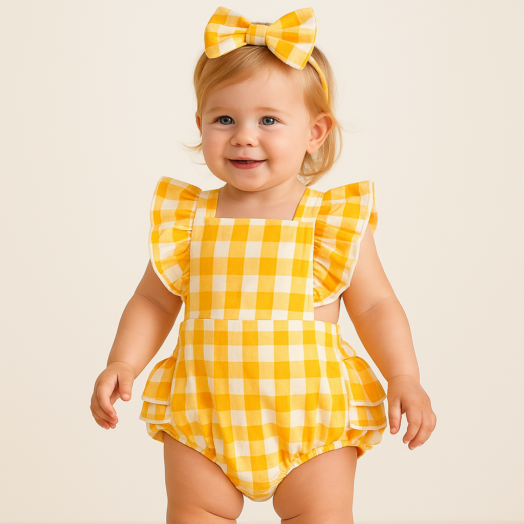 Baby Girl Ruffle Plaid Romper with Matching Headband