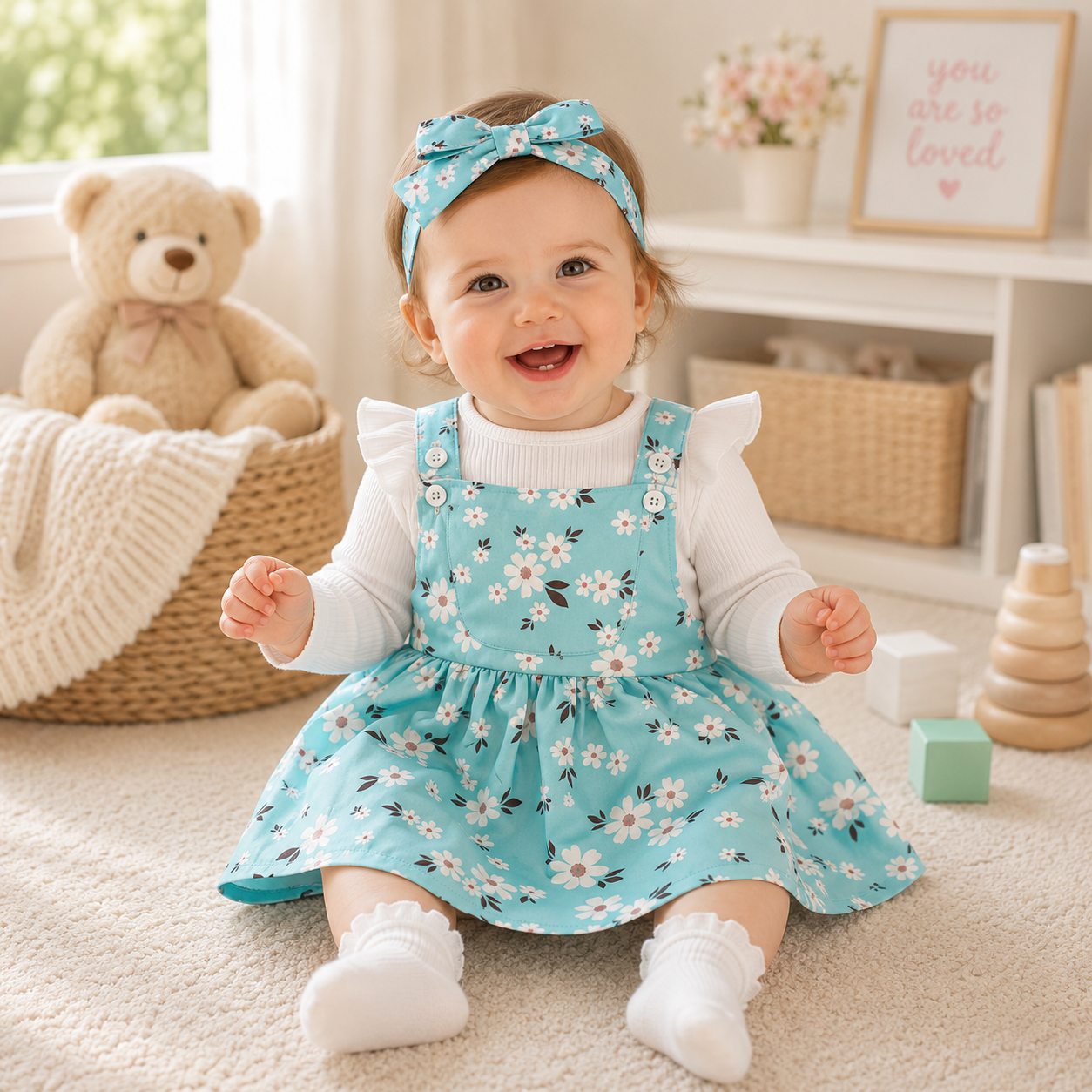 Baby Girl 3-Piece Fall Set | Ribbed Romper + Floral Overall Skirt + Hair Band
