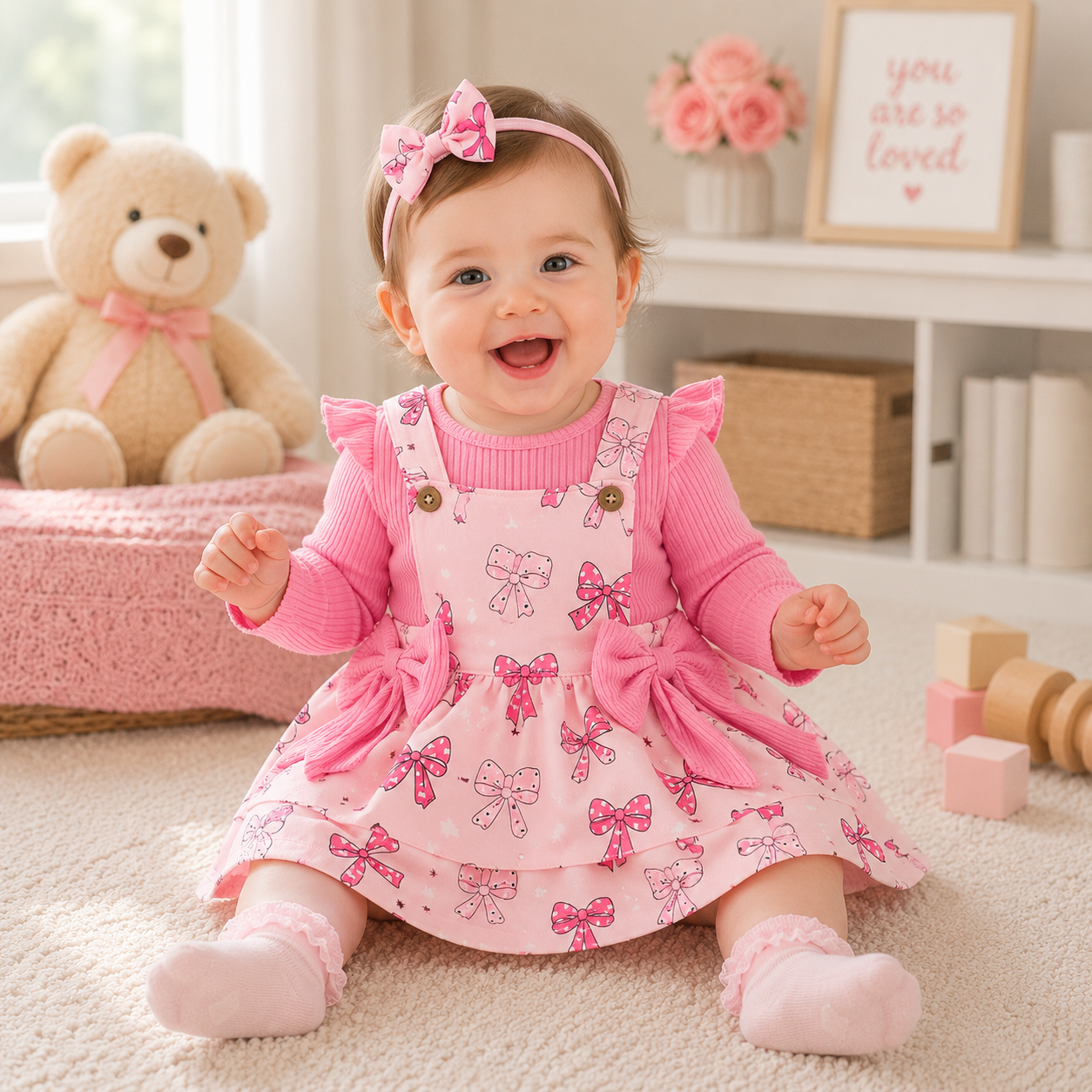 Baby Girl 3-Piece Fall Set | Ribbed Romper + Floral Overall Skirt + Hair Band