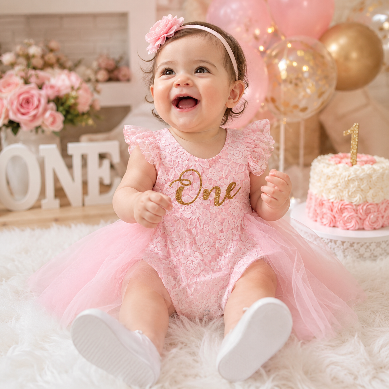 Baby Girls Birthday Floral Lace Romper Dress
