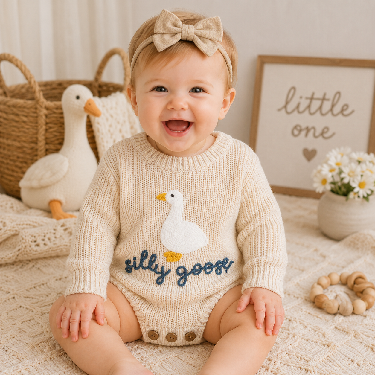 Infant Baby Knitted Long Sleeve Goose Embroidery Romper Jumpsuit