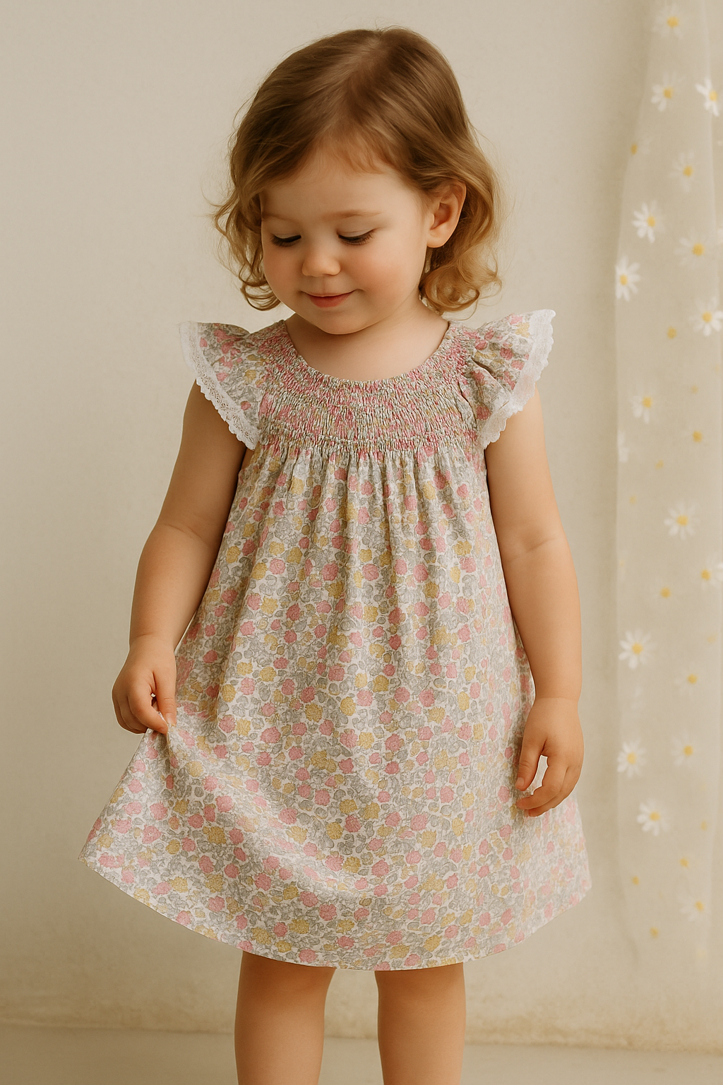 Girls' Summer Smocked Floral Dress with Ruffle Sleeves