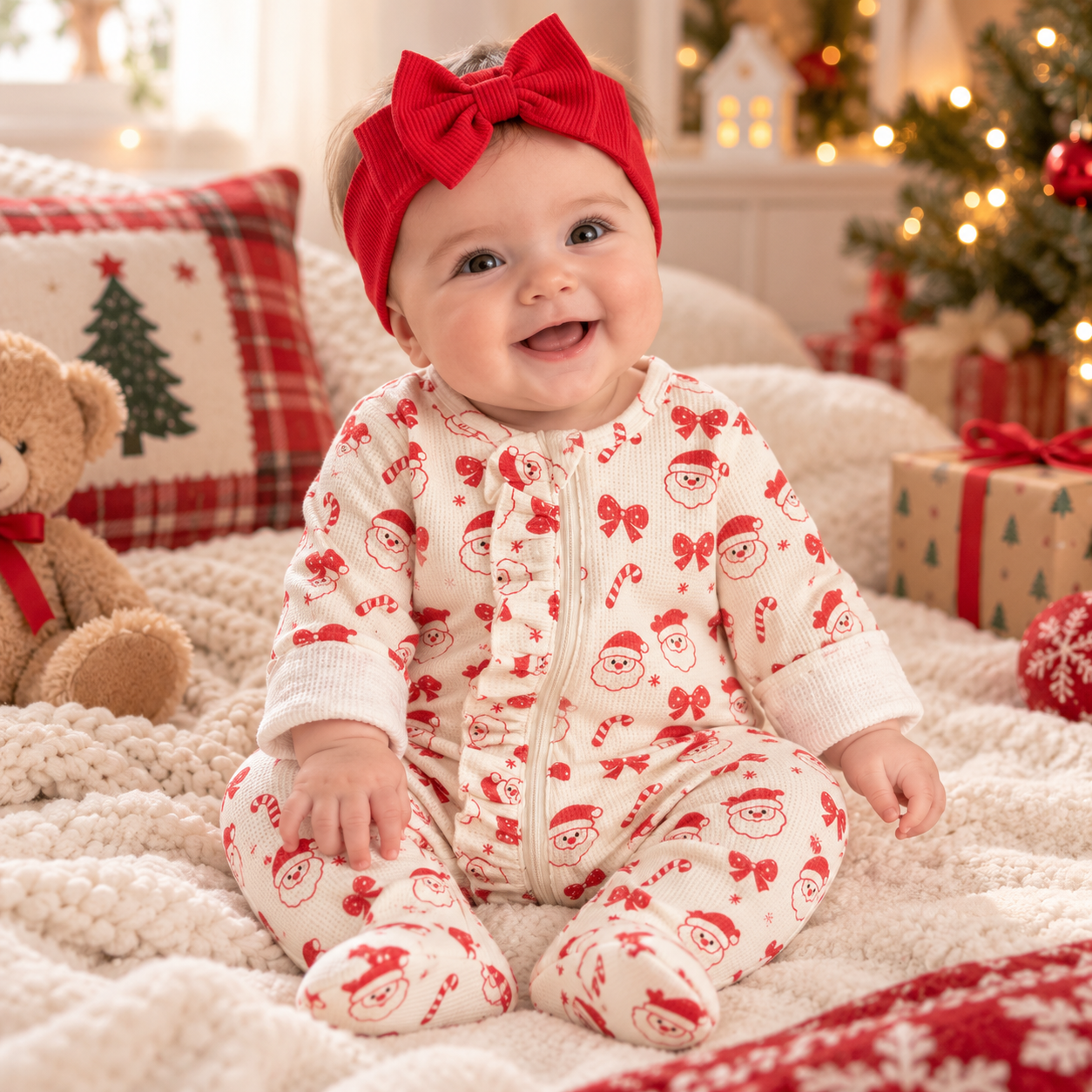 Baby Girl Santa Christmas Zipper Romper & Headband Set