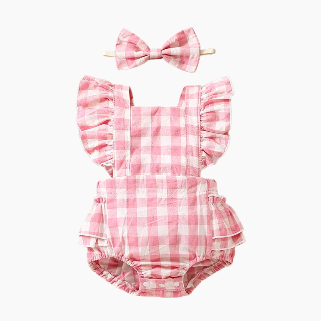 Baby Girl Ruffle Plaid Romper with Matching Headband
