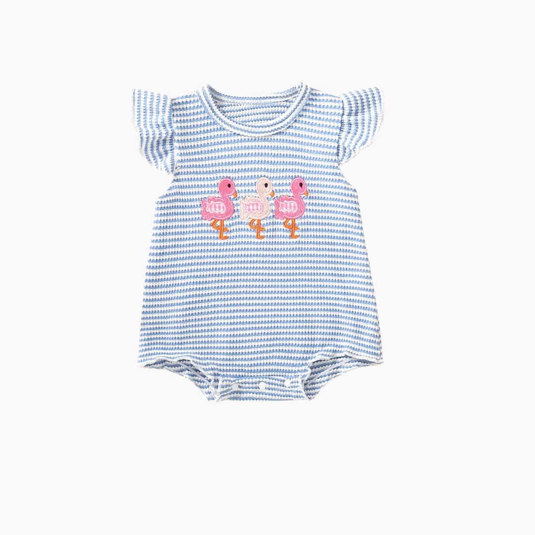 Flamingo Embroidered Waffle Knit Bodysuit with Flutter Sleeves