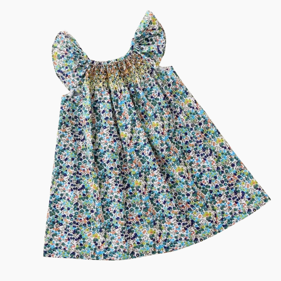 Girls' Summer Smocked Floral Dress with Ruffle Sleeves