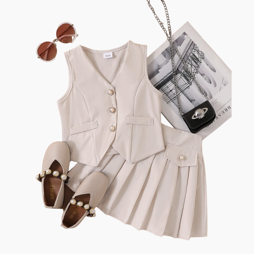 Sleeveless Button Vest and Pleated Skirt Outfit