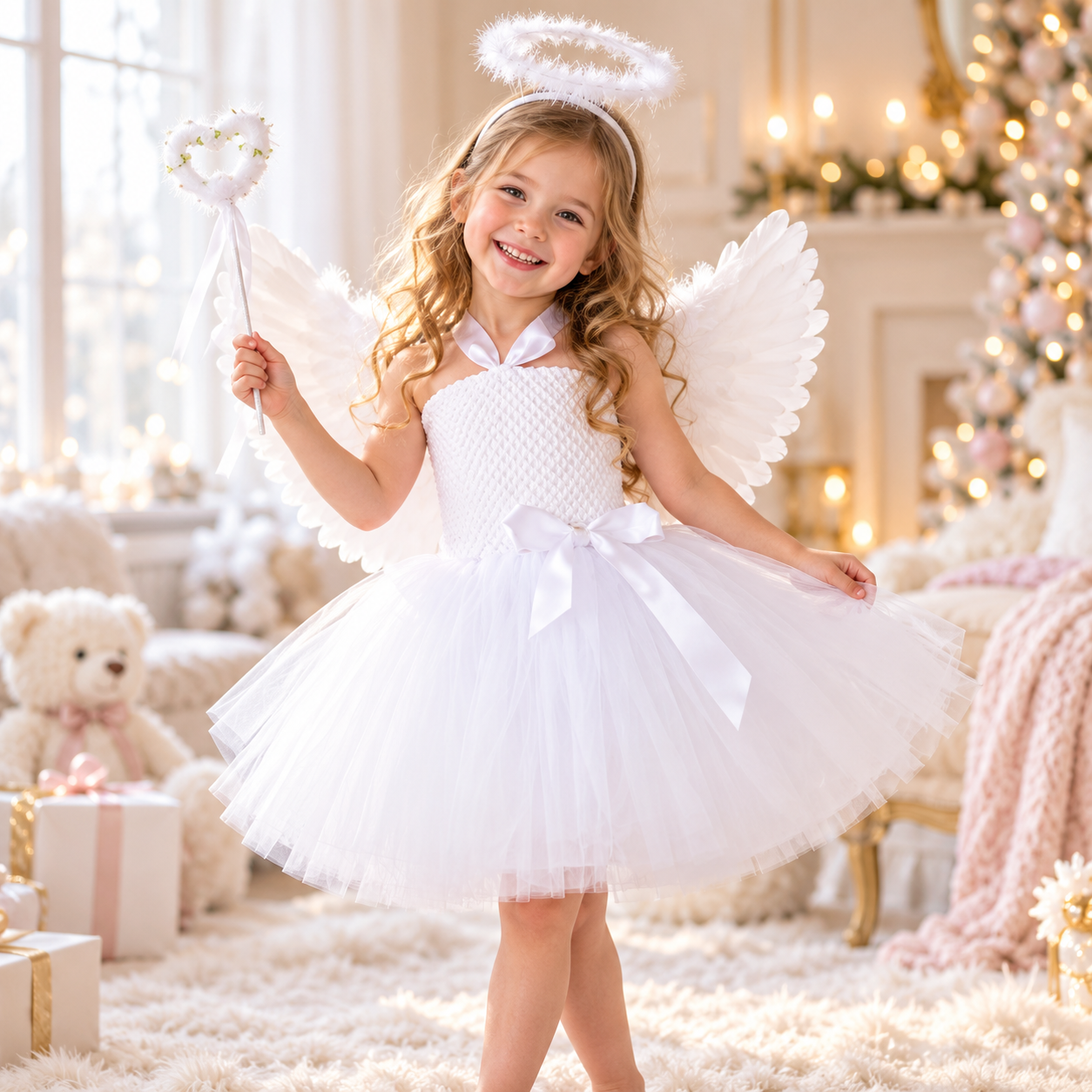 Girls White Angel Tutu Costume Dress