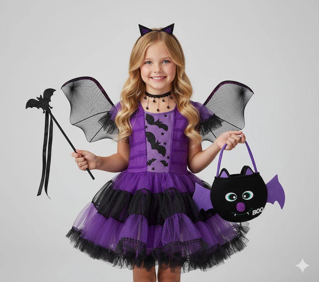 Girl's Purple Bat Costume with Wings and Headband