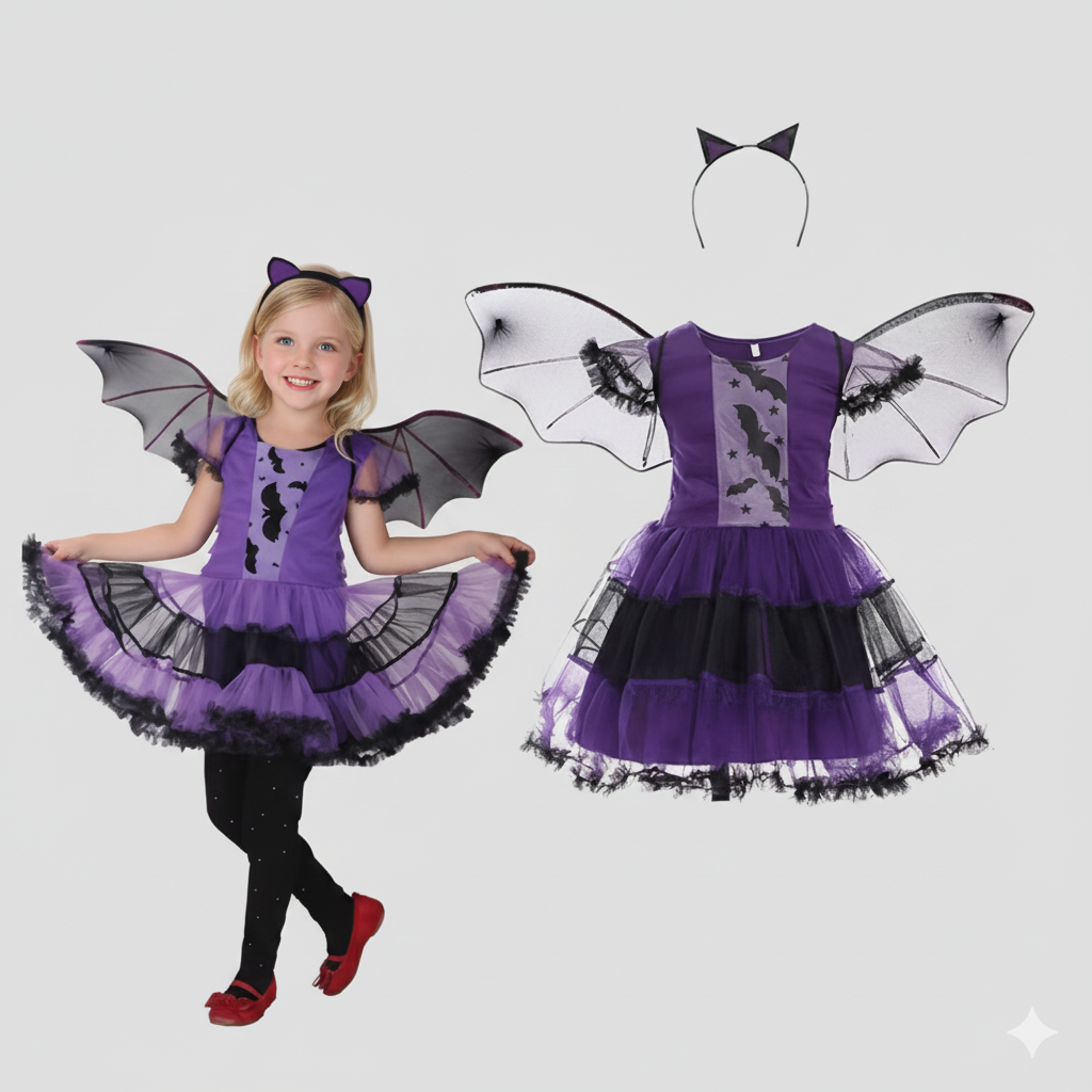 Girl's Purple Bat Costume with Wings and Headband